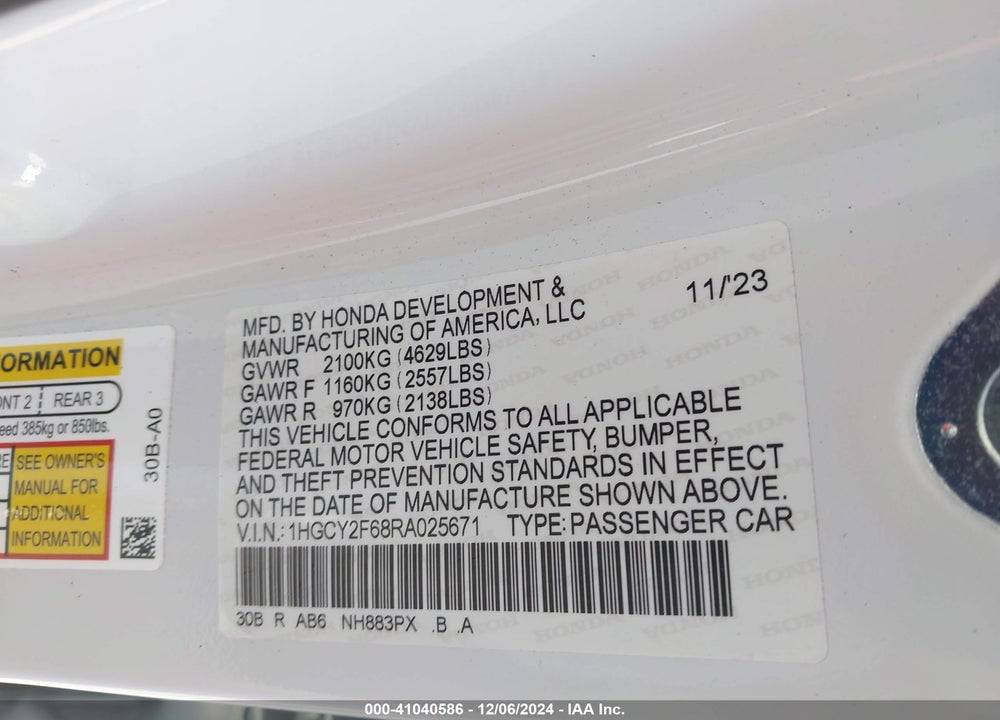 2024 HONDA ACCORD HYBRID EX-L VIN: 1HGCY2F68RA025671
