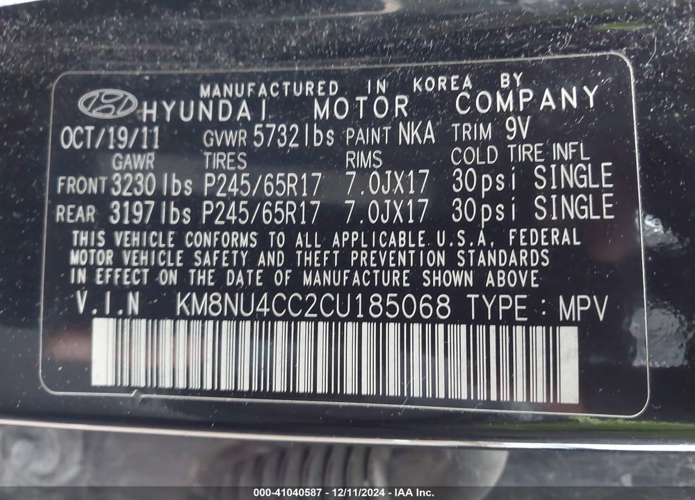 2012 HYUNDAI VERACRUZ GLS VIN: KM8NU4CC2CU185068