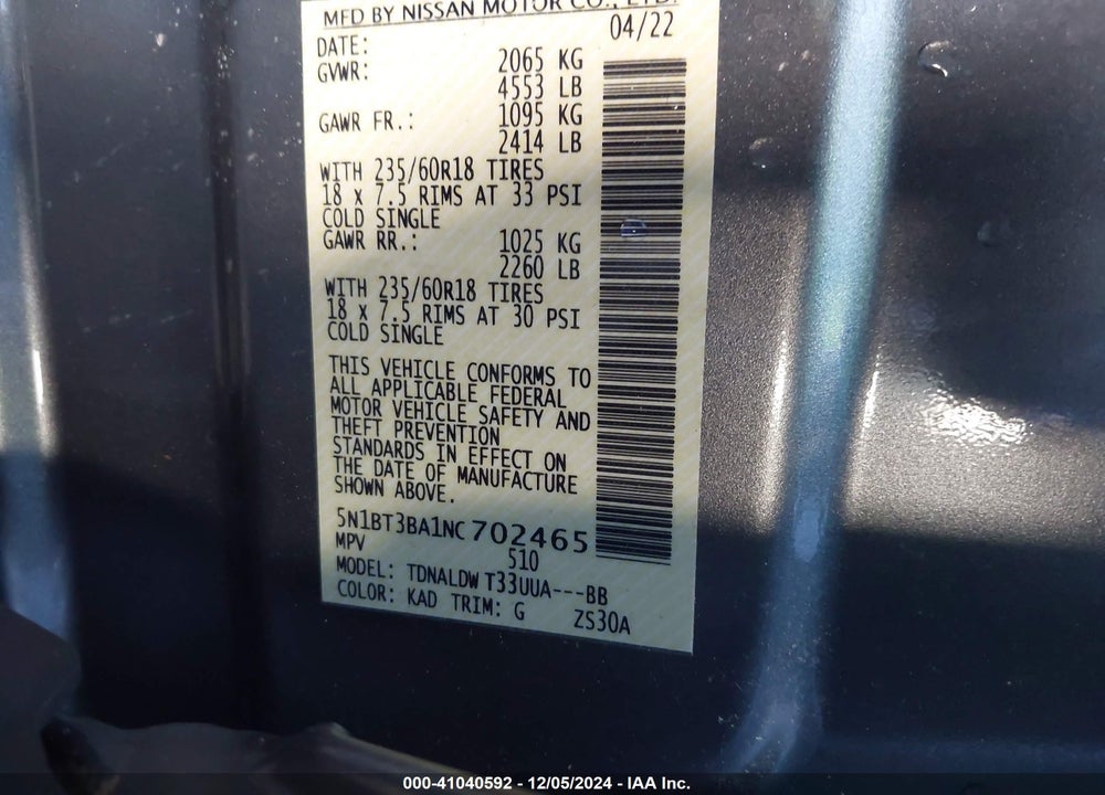 2022 NISSAN ROGUE SV FWD VIN: 5N1BT3BA1NC702465