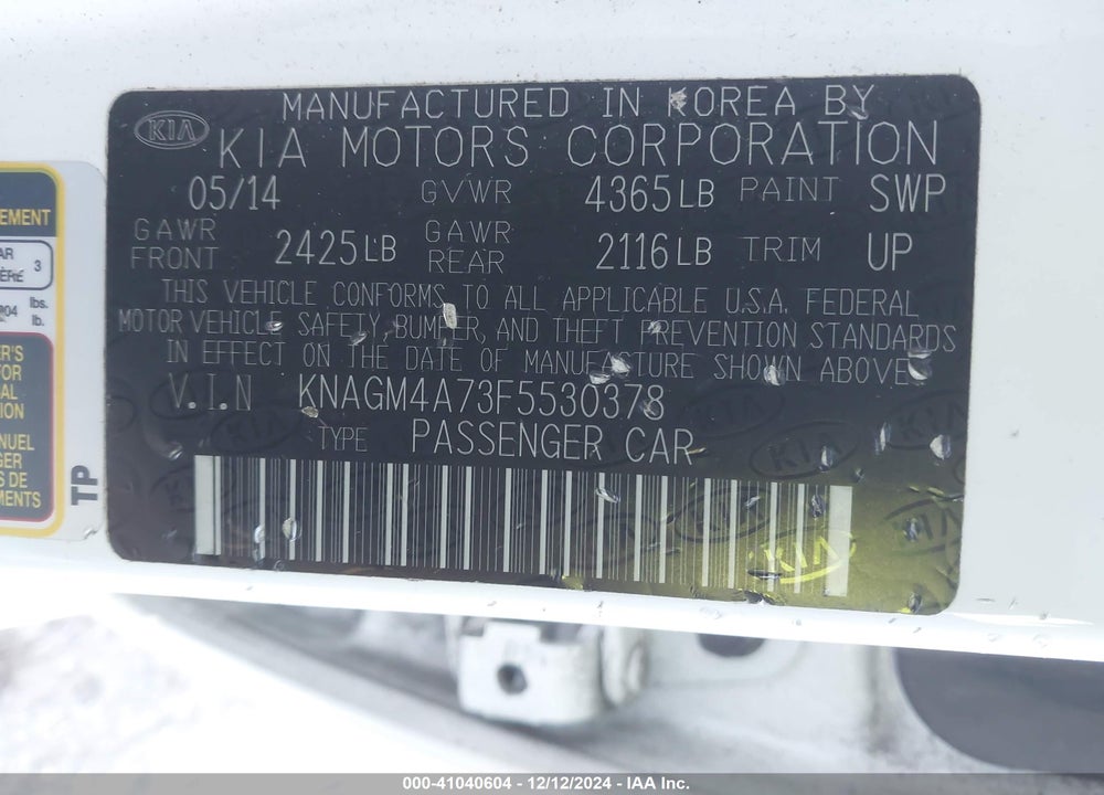 2015 KIA OPTIMA LX VIN: KNAGM4A73F5530378