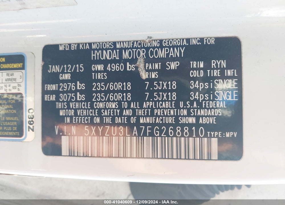 2015 HYUNDAI SANTA FE SPORT 2.0L TURBO VIN: 5XYZU3LA7FG268810