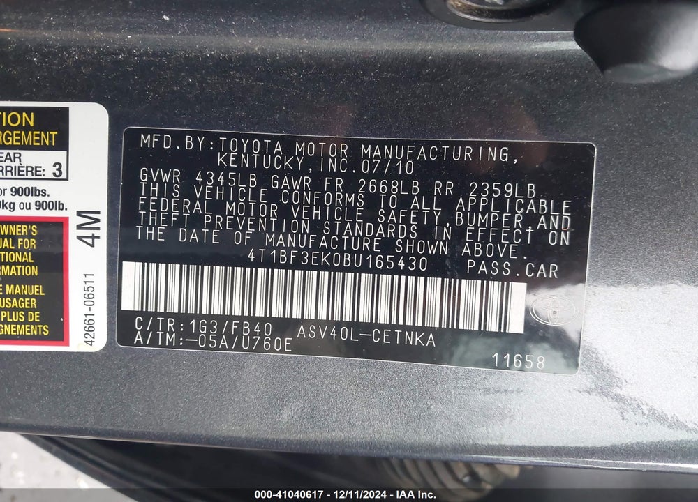 2011 TOYOTA CAMRY LE VIN: 4T1BF3EK0BU165430