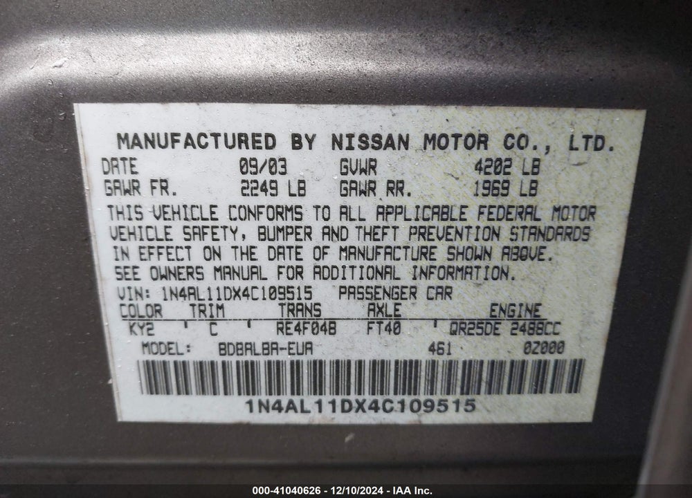 2004 NISSAN ALTIMA 2.5 S VIN: 1N4AL11DX4C109515
