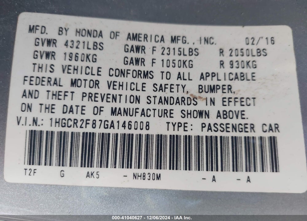 2016 HONDA ACCORD VIN: 1HGCR2F87GA146008