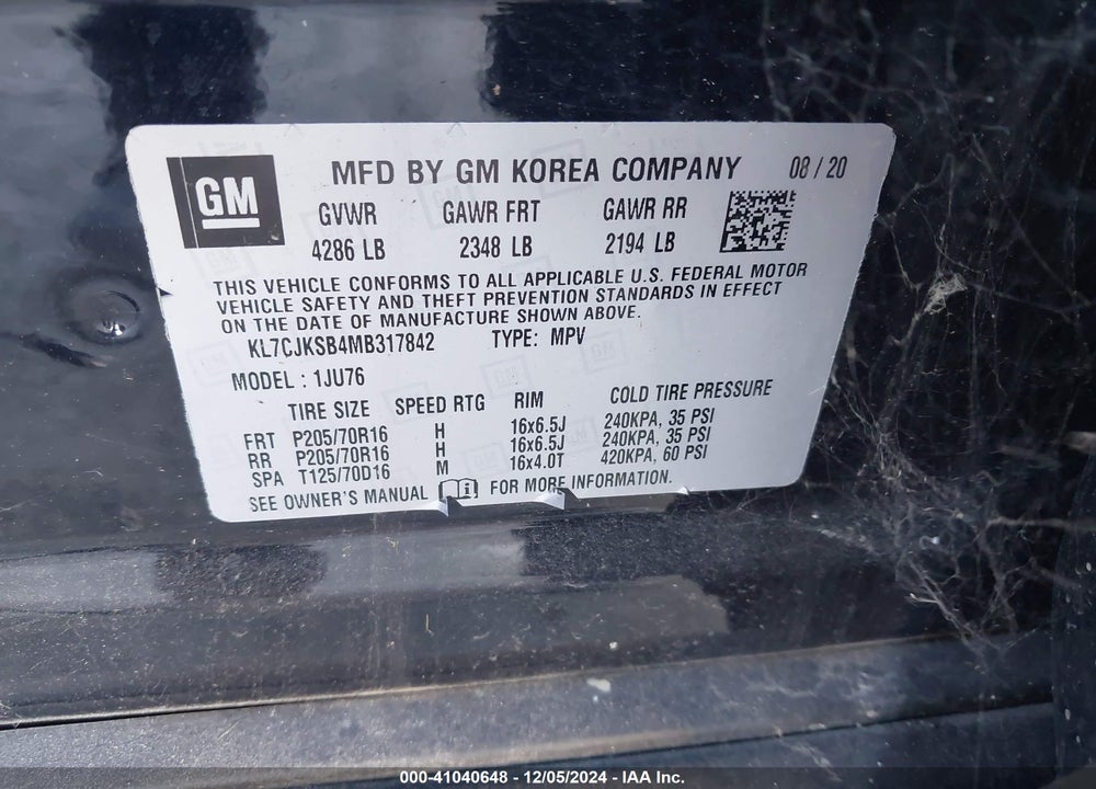 2021 CHEVROLET TRAX FWD LS VIN: KL7CJKSB4MB317842