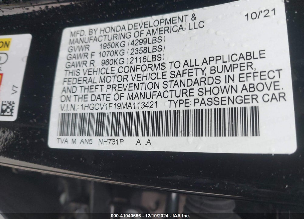 2021 HONDA ACCORD VIN: 1HGCV1F19MA113421