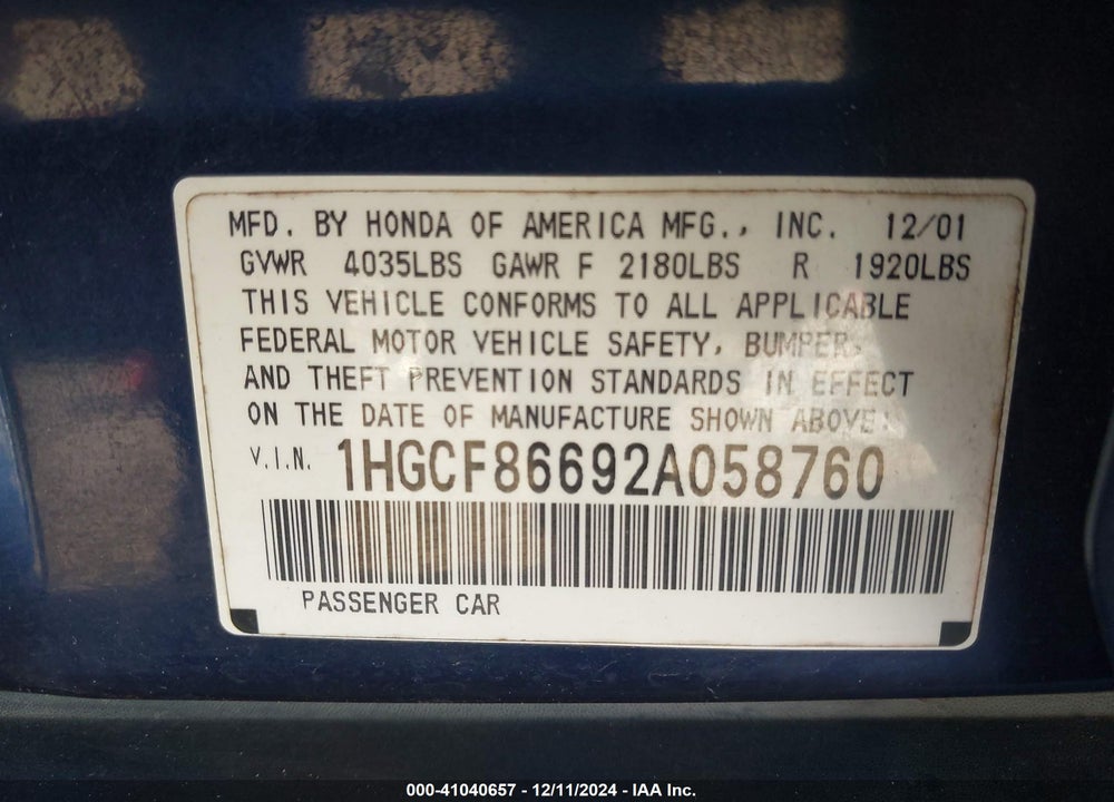 2002 HONDA ACCORD 2.3 VP VIN: 1HGCF86692A058760
