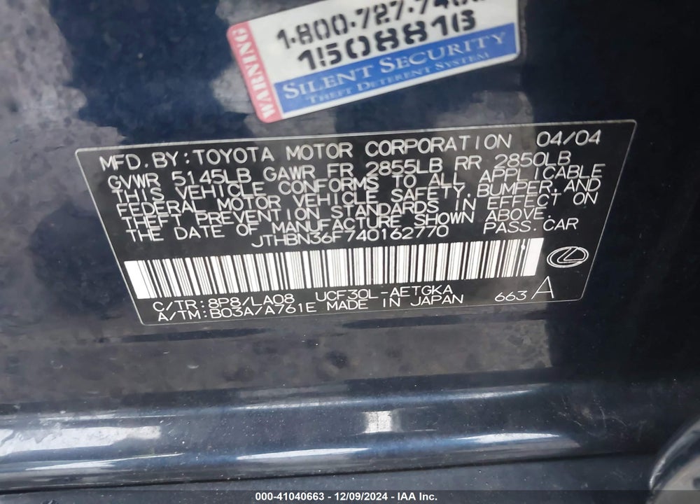 2004 LEXUS LS 430 VIN: JTHBN36F740162770