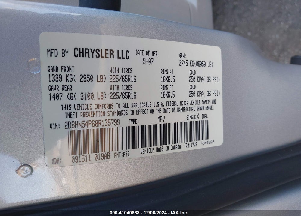 2008 DODGE GRAND CARAVAN SXT VIN: 2D8HN54P68R135799