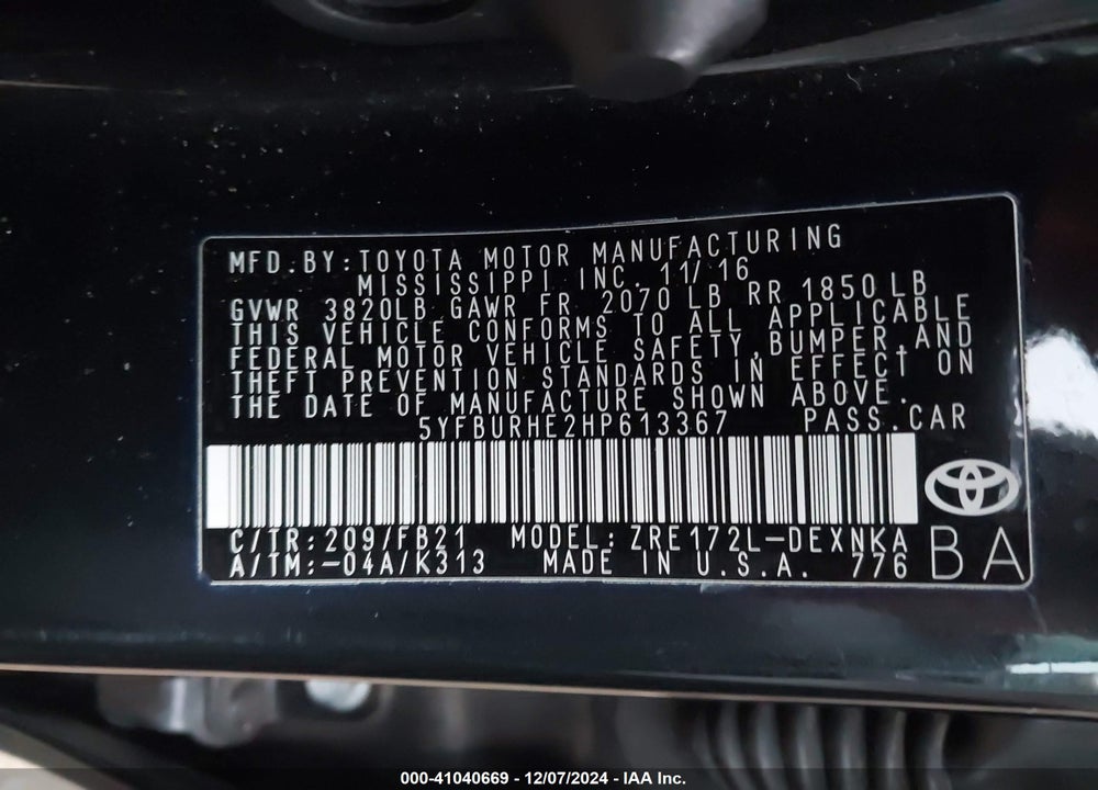 2017 TOYOTA COROLLA VIN: 5YFBURHE2HP613367