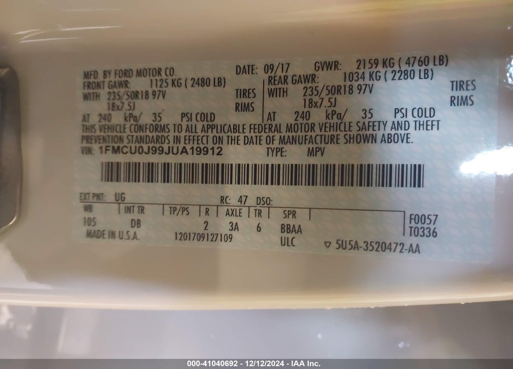 2018 FORD ESCAPE TITANIUM VIN: 1FMCU0J99JUA19912
