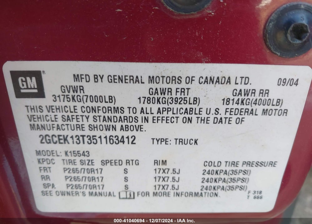 2005 CHEVROLET SILVERADO 1500 Z71 VIN: 2GCEK13T351163412