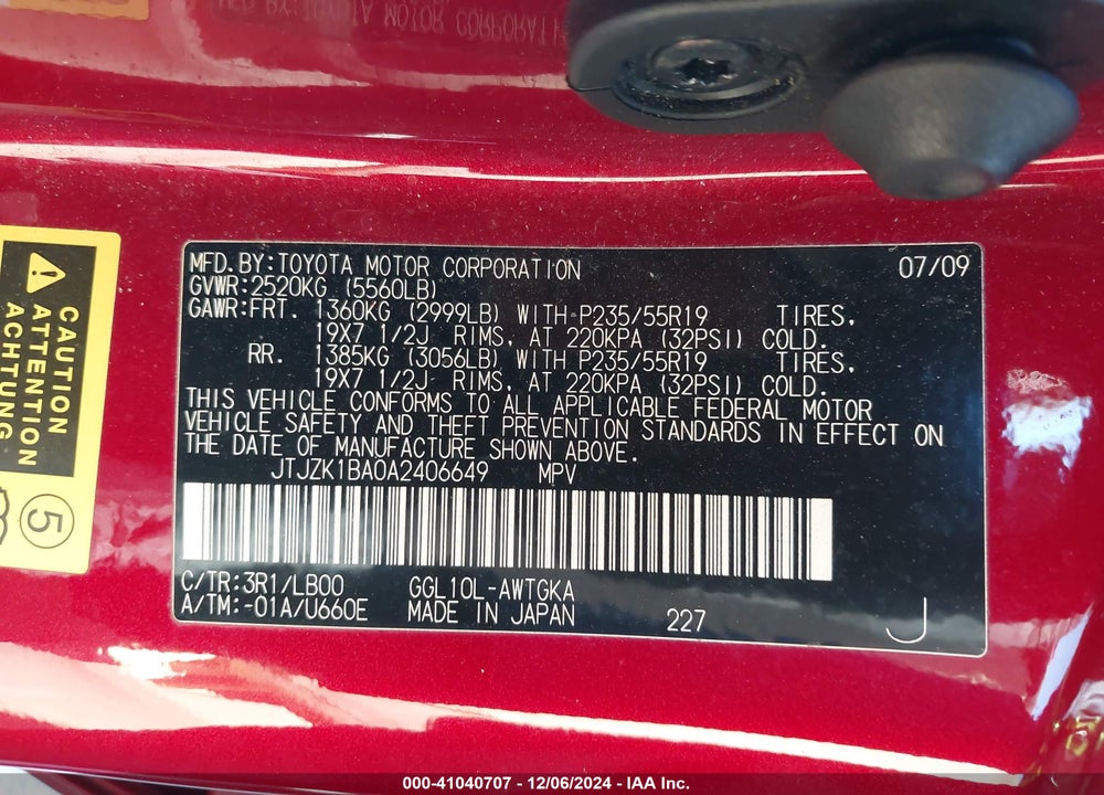 2010 LEXUS RX 350 VIN: JTJZK1BA0A2406649