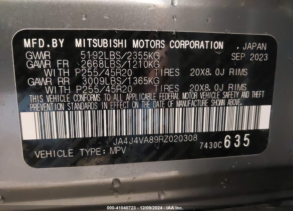 2024 MITSUBISHI OUTLANDER VIN: JA4J4VA89RZ020308