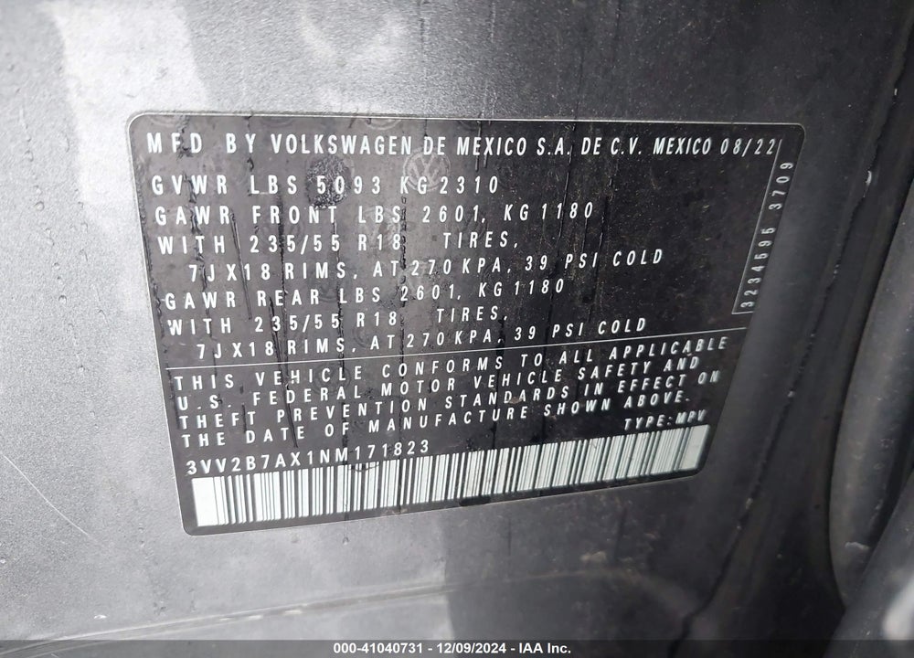 2022 VOLKSWAGEN TIGUAN 2.0T SE VIN: 3VV2B7AX1NM171823
