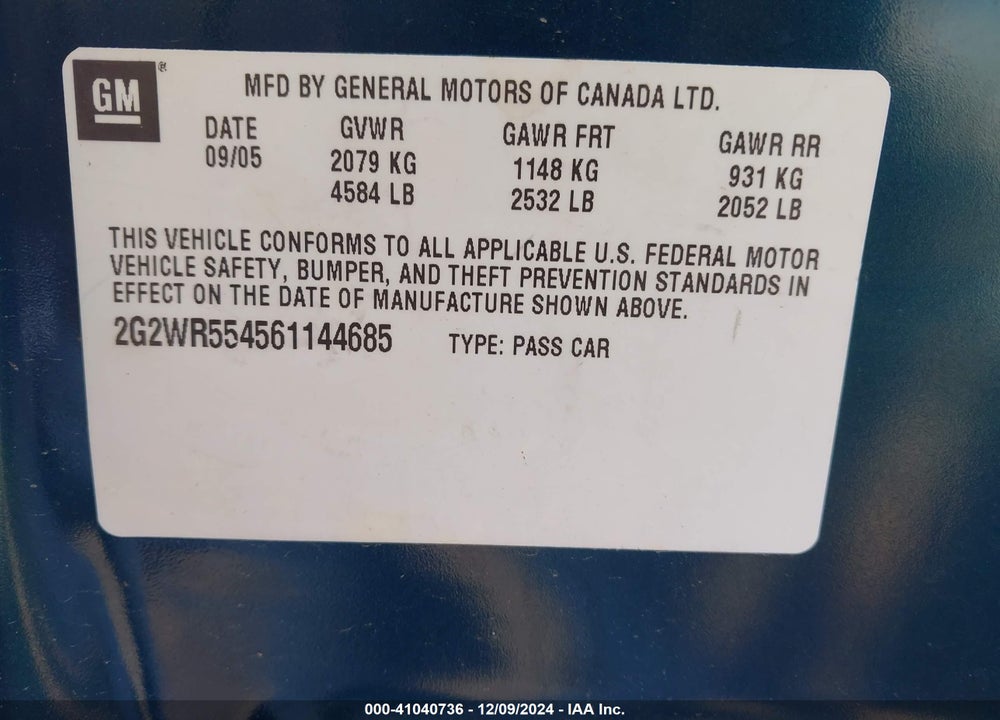 2006 PONTIAC GRAND PRIX VIN: 2G2WR554561144685
