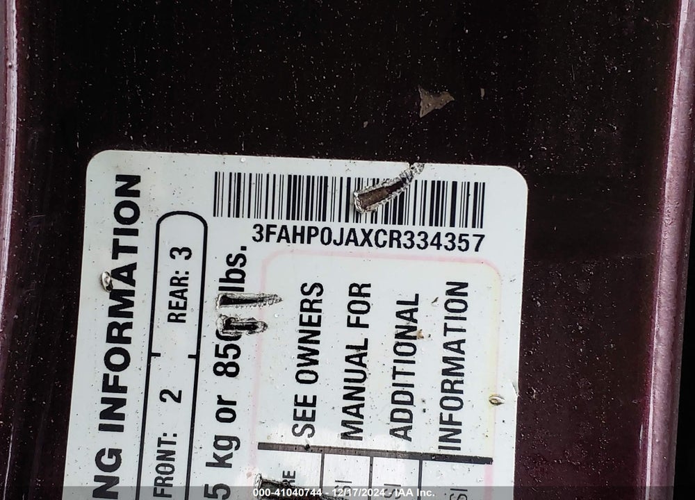 2012 FORD FUSION SEL VIN: 3FAHP0JAXCR334357