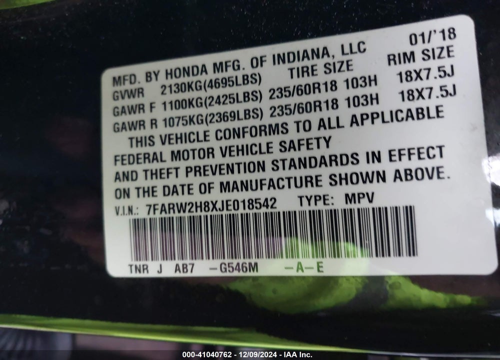 2018 HONDA CR-V EX-L/EX-L NAVI VIN: 7FARW2H8XJE018542