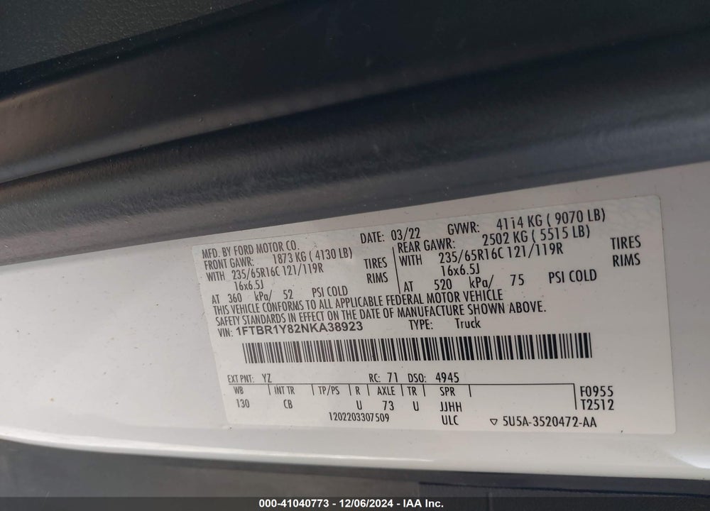 2022 FORD TRANSIT-250 CARGO VAN VIN: 1FTBR1Y82NKA38923