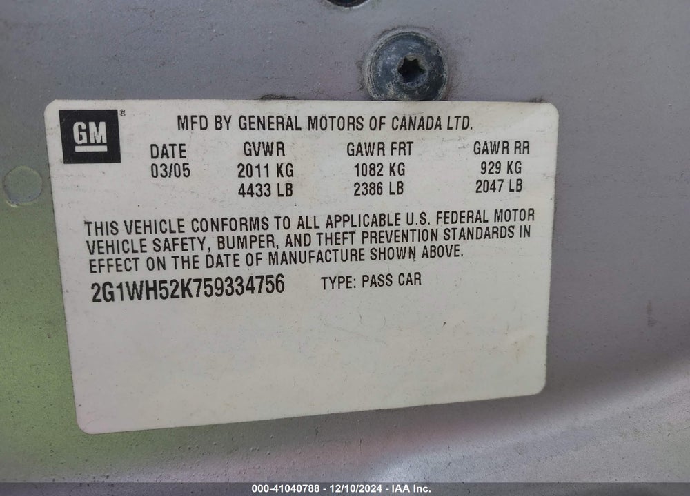 2005 CHEVROLET IMPALA LS VIN: 2G1WH52K759334756