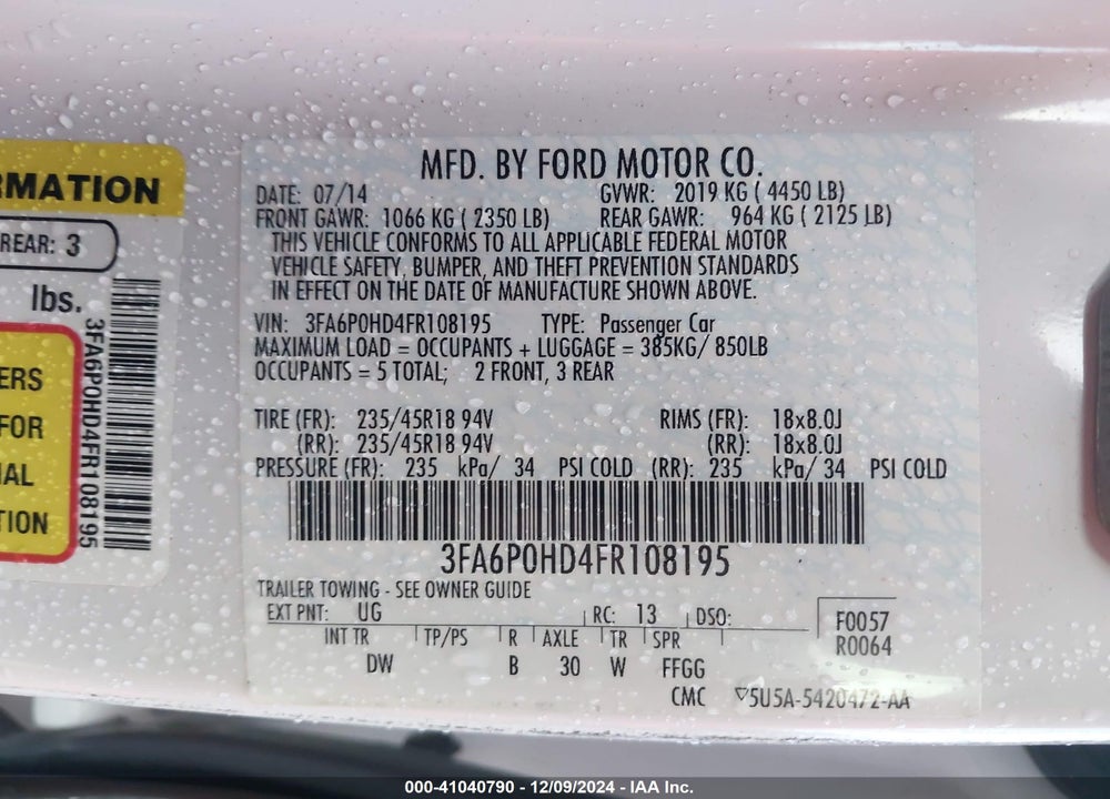 2015 FORD FUSION SE VIN: 3FA6P0HD4FR108195