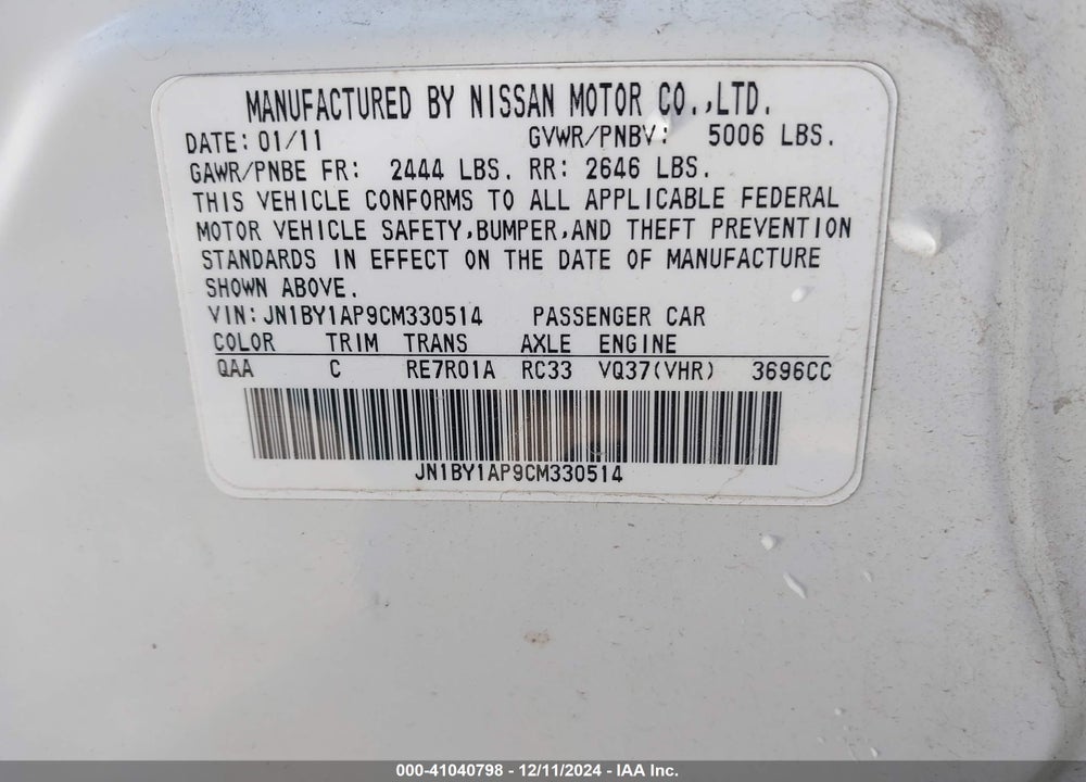2012 INFINITI M37 VIN: JN1BY1AP9CM330514