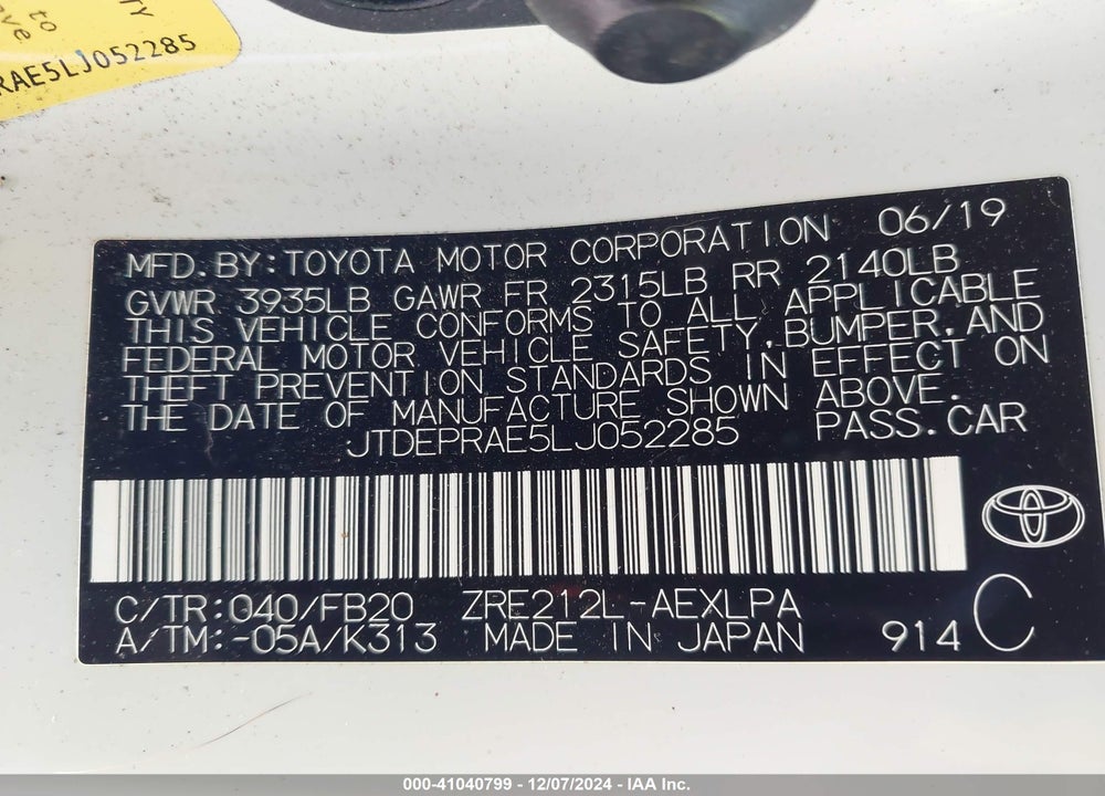 2020 TOYOTA COROLLA LE VIN: JTDEPRAE5LJ052285