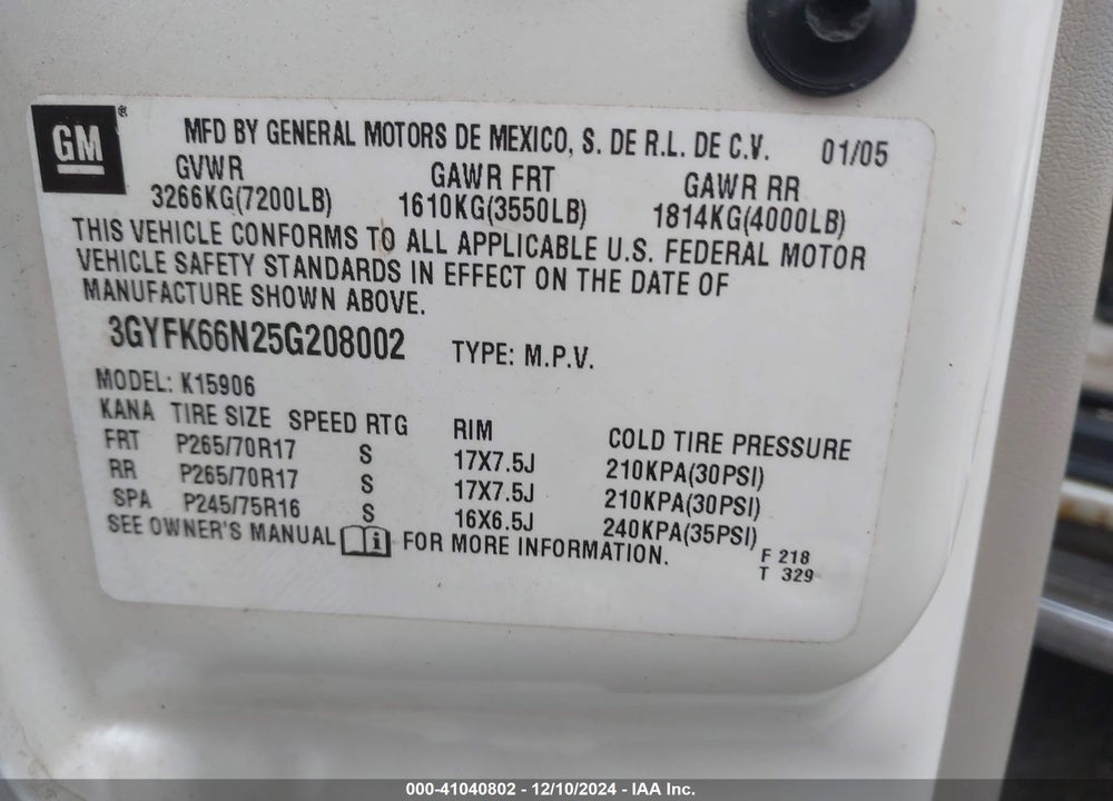 2005 CADILLAC ESCALADE ESV STANDARD VIN: 3GYFK66N25G208002