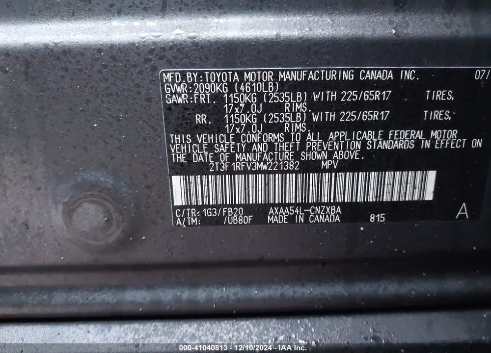 2021 TOYOTA RAV4 LE VIN: 2T3F1RFV3MW221382