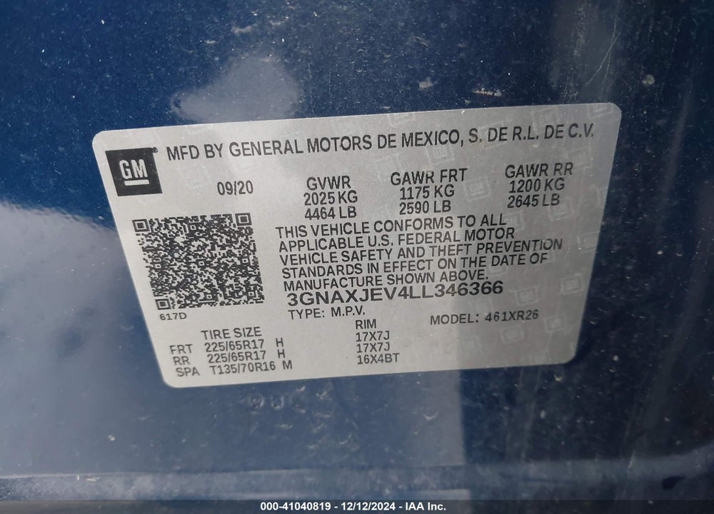 2020 CHEVROLET EQUINOX FWD 2FL VIN: 3GNAXJEV4LL346366