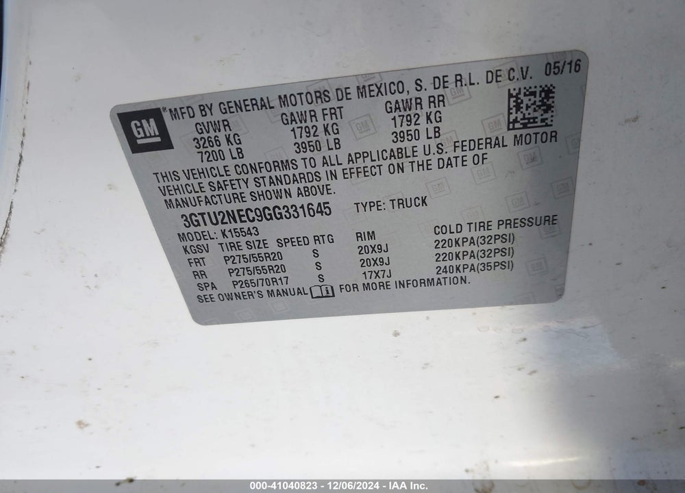 2016 GMC SIERRA 1500 SLT VIN: 3GTU2NEC9GG331645