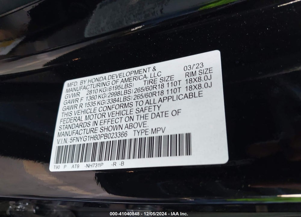 2023 HONDA PILOT AWD TRAILSPORT VIN: 5FNYG1H60PB023366