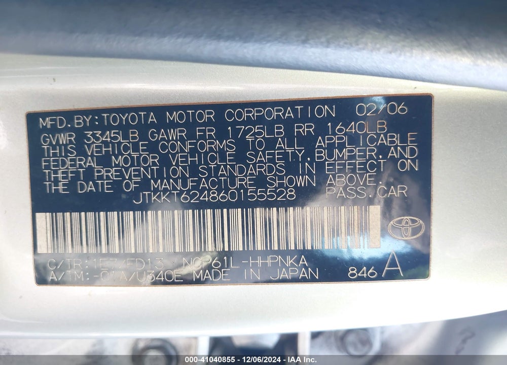 2006 SCION XA VIN: JTKKT624860155528