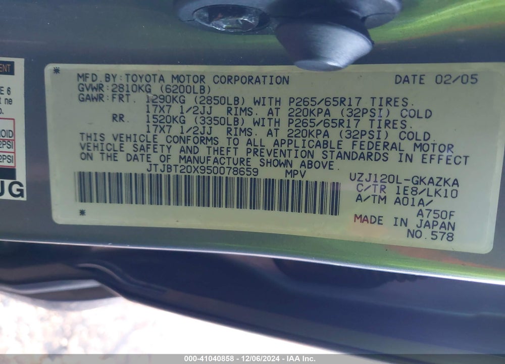 2005 LEXUS GX 470 VIN: JTJBT20X950078659