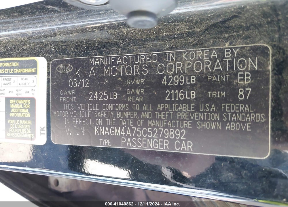 2012 KIA OPTIMA LX VIN: KNAGM4A75C5279892