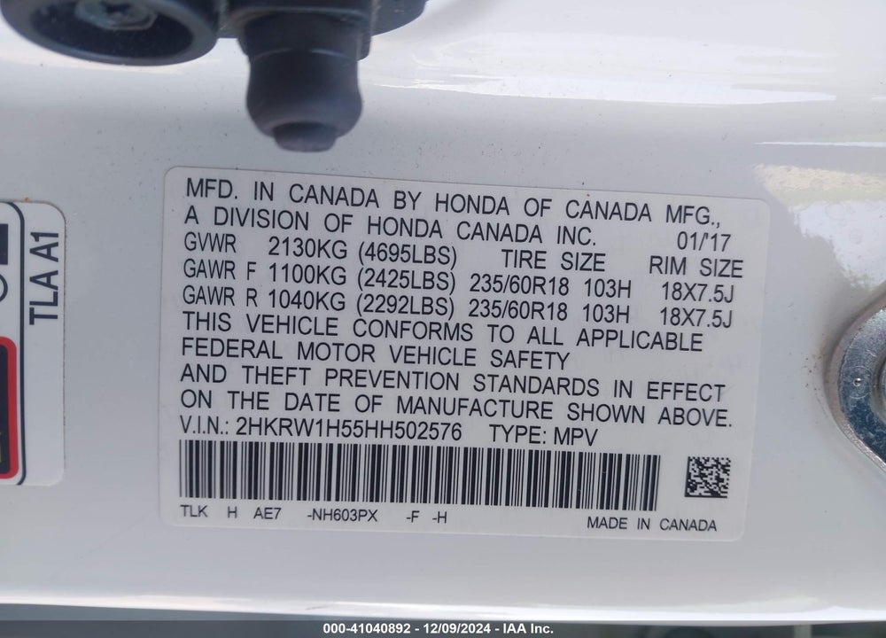 2017 HONDA CR-V VIN: 2HKRW1H55HH502576
