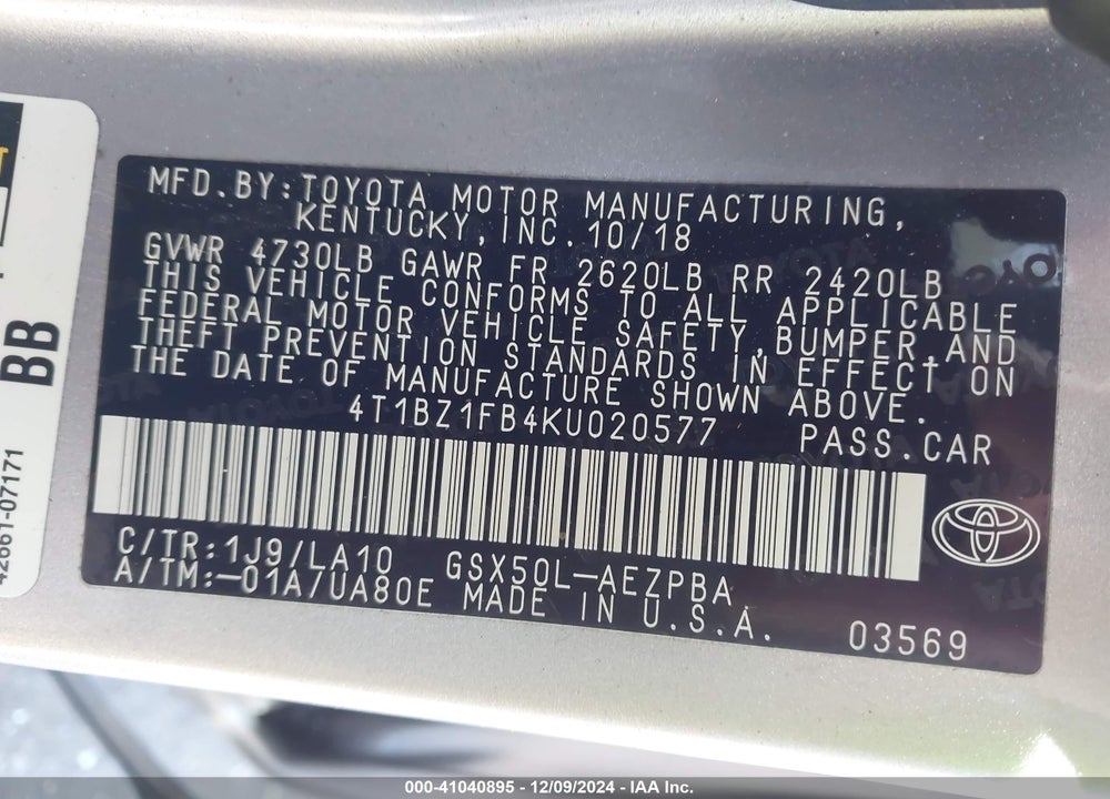 2019 TOYOTA AVALON VIN: 4T1BZ1FB4KU020577