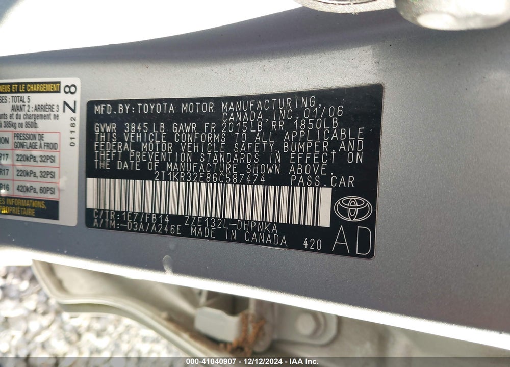 2006 TOYOTA MATRIX/XR VIN: 2T1KR32E86C587474