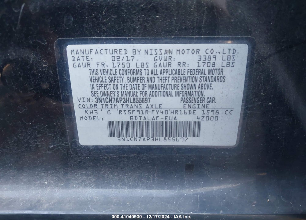 2017 NISSAN VERSA 1.6 S+ VIN: 3N1CN7AP3HL855697
