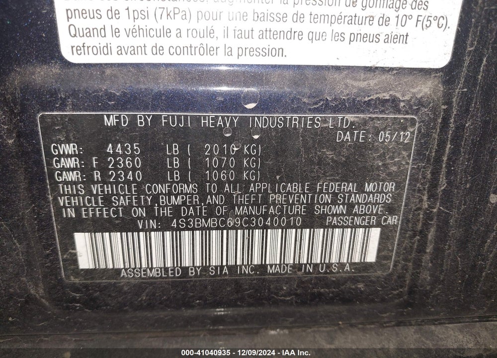 2012 SUBARU LEGACY 2.5I PREMIUM VIN: 4S3BMBC69C3040010
