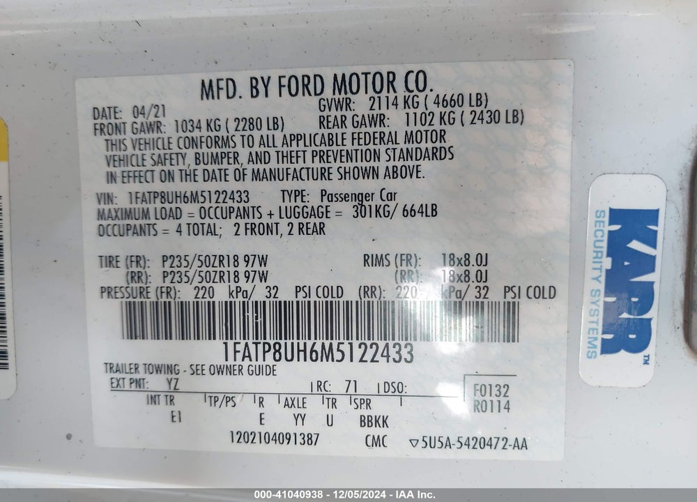 2021 FORD MUSTANG ECOBOOST PREMIUM VIN: 1FATP8UH6M5122433