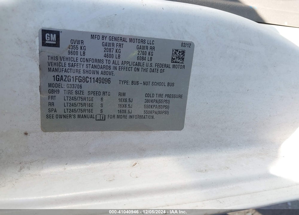 2012 CHEVROLET EXPRESS 3500 LT VIN: 1GAZG1FG8C1149096
