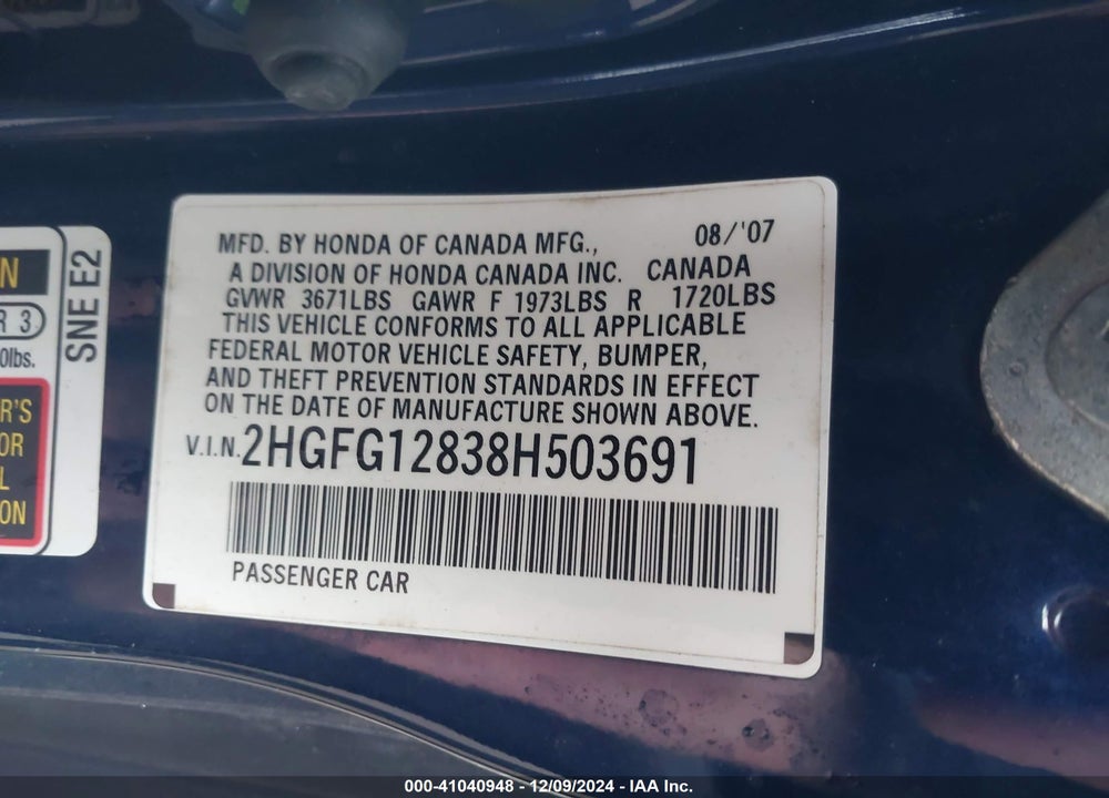 2008 HONDA CIVIC EX VIN: 2HGFG12838H503691