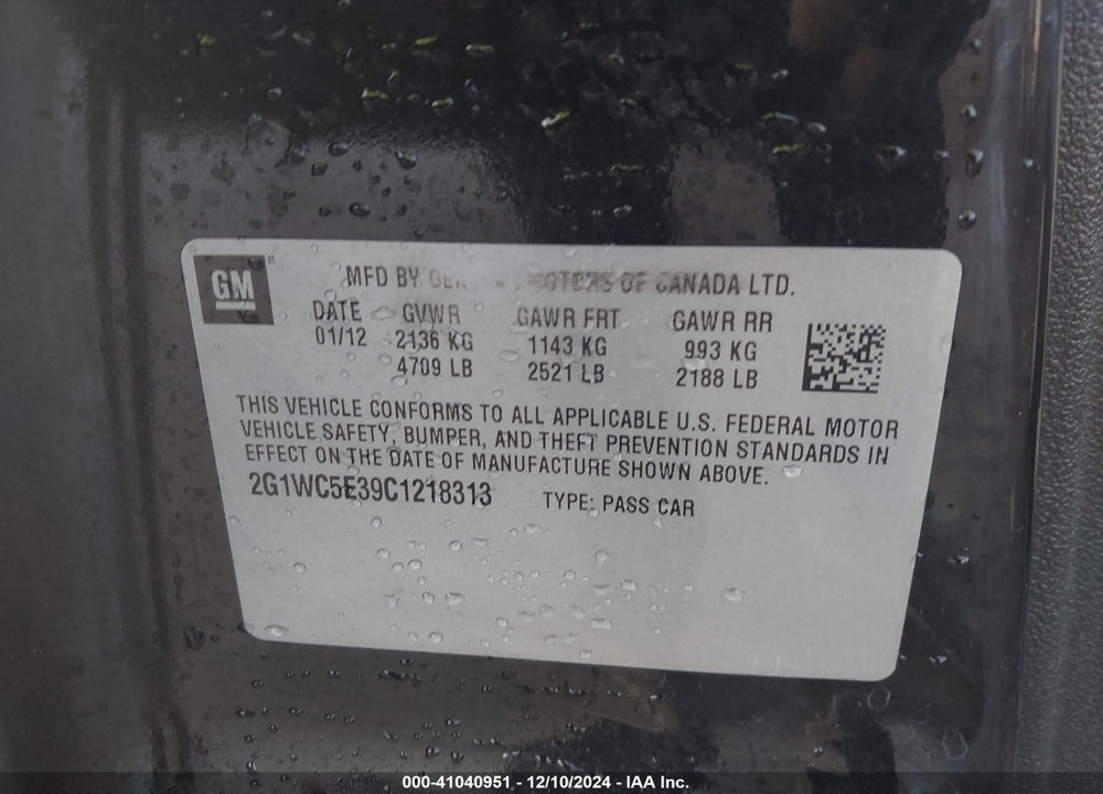 2012 CHEVROLET IMPALA LTZ VIN: 2G1WC5E39C1218313