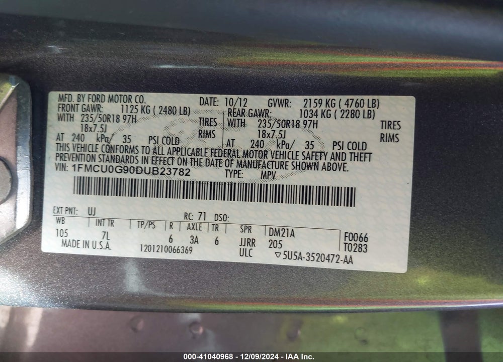 2013 FORD ESCAPE SE VIN: 1FMCU0G90DUB23782