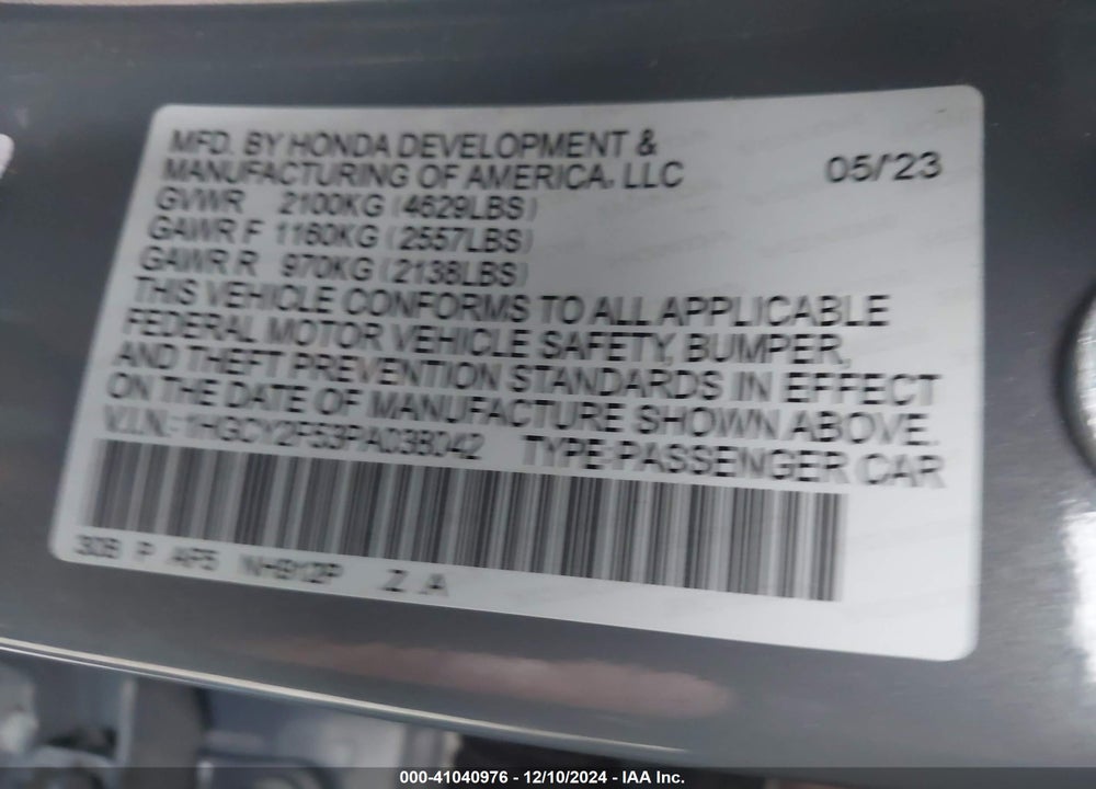 2023 HONDA ACCORD HYBRID SPORT VIN: 1HGCY2F53PA038042