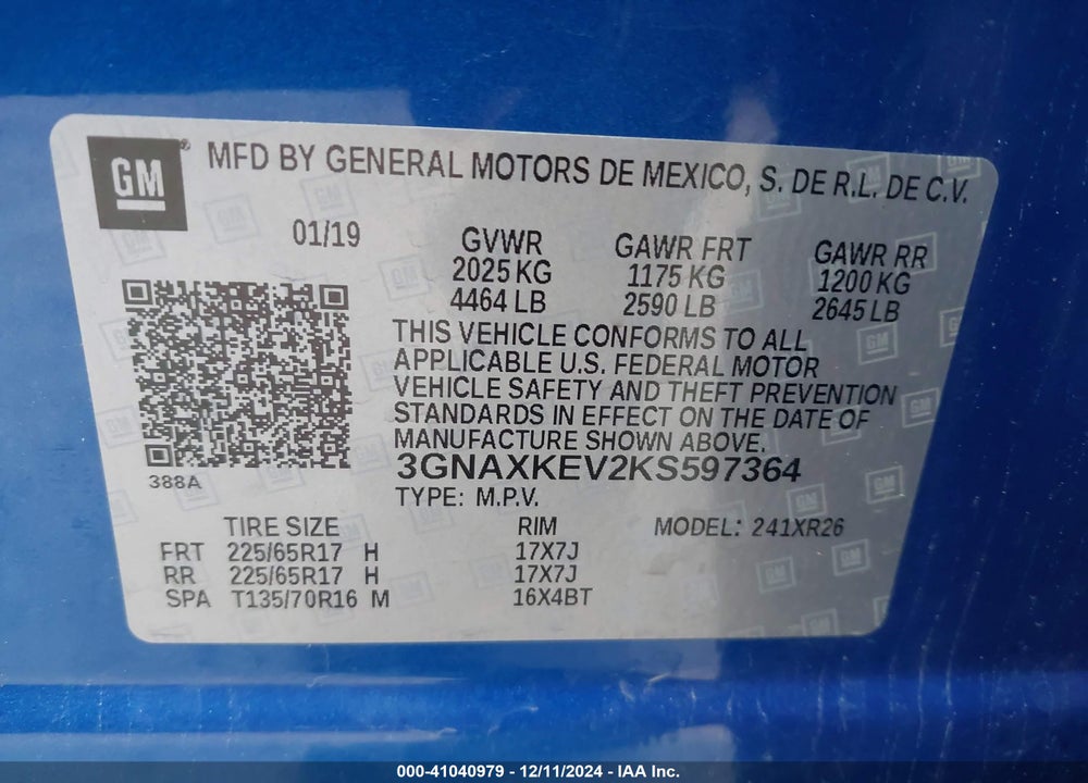 2019 CHEVROLET EQUINOX LT VIN: 3GNAXKEV2KS597364