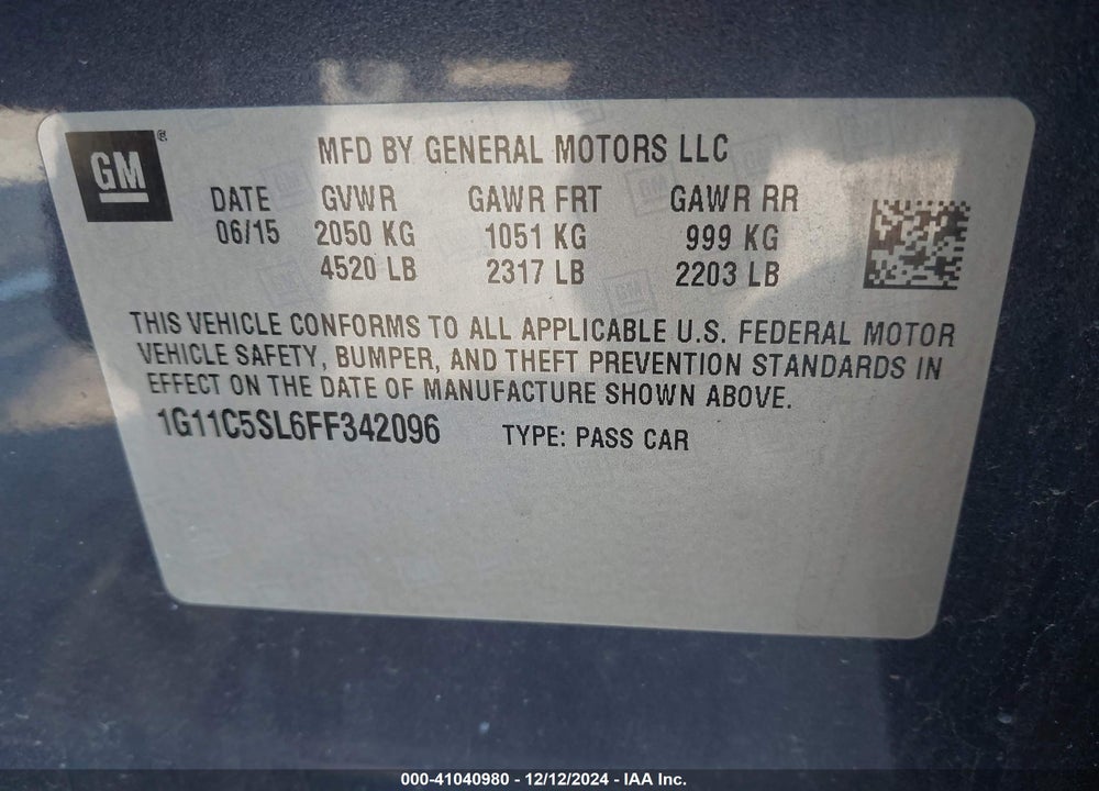 2015 CHEVROLET MALIBU 1LT VIN: 1G11C5SL6FF342096