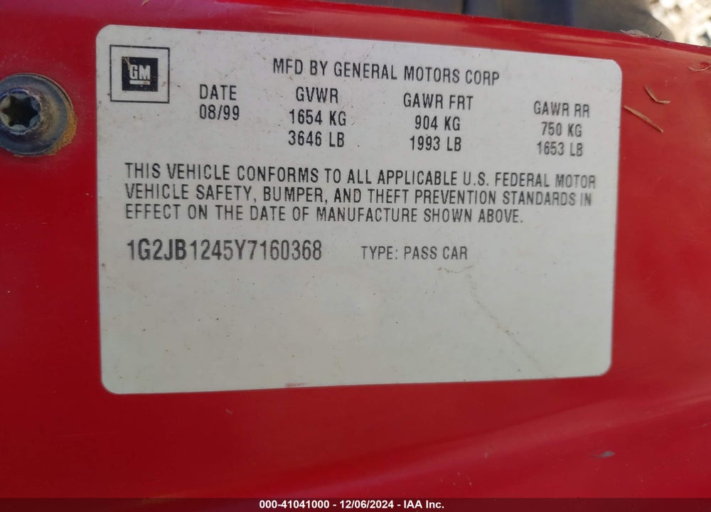 2000 PONTIAC SUNFIRE SE VIN: 1G2JB1245Y7160368