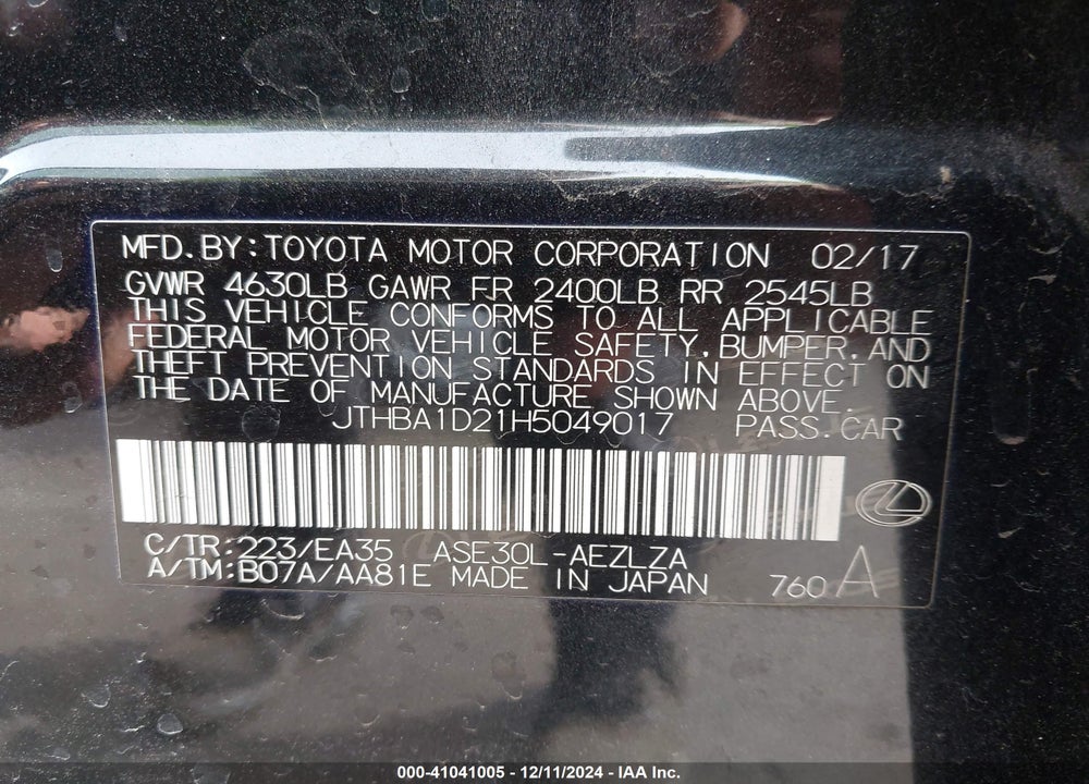 2017 LEXUS IS 200T VIN: JTHBA1D21H5049017
